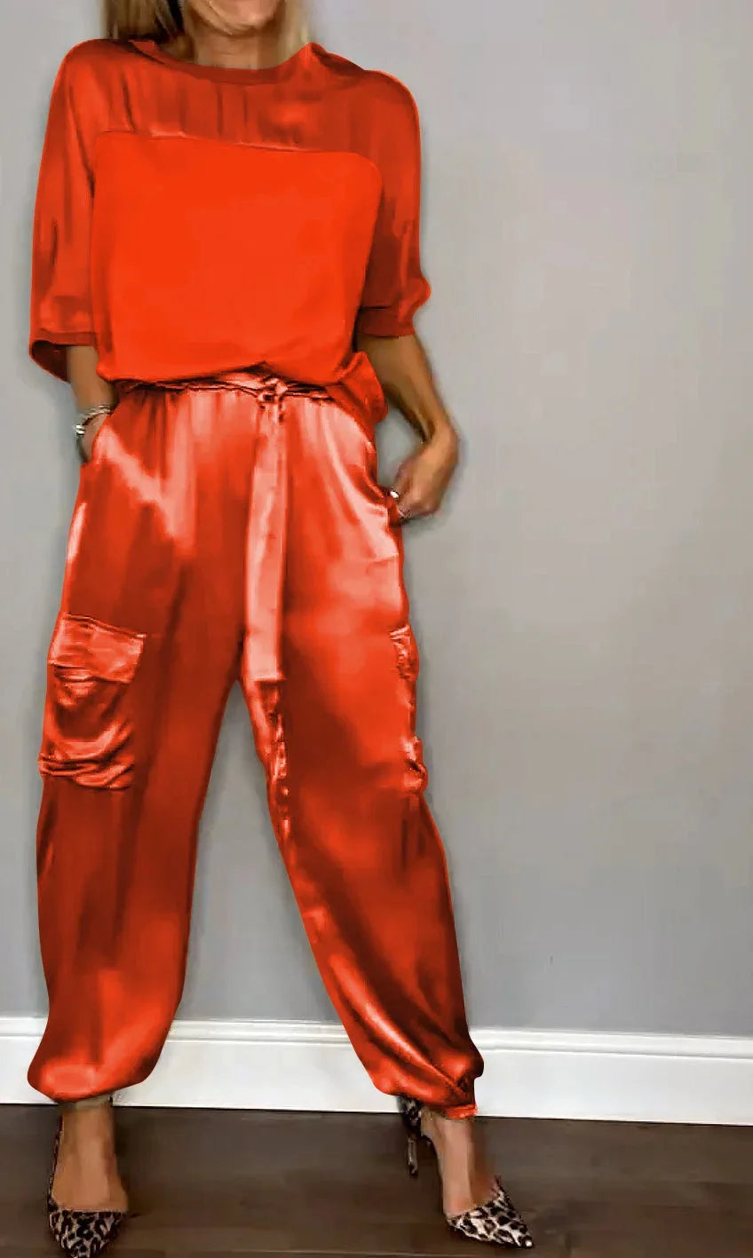 Satin Long-Sleeve Top & Matching Wide-Leg Pants – Timeless Luxe - Viva Bella