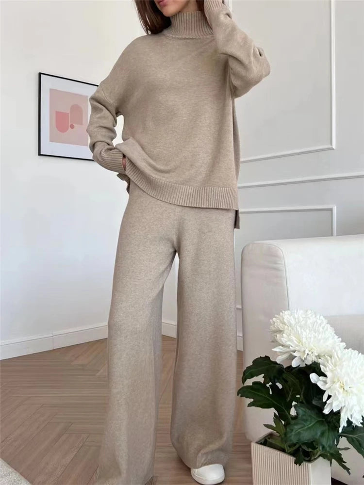 Autumn Winter 2 Pieces Women Sets Knitted Tracksuit Turtleneck Sweater and Straight Jogging Pants Suits - Viva Bella