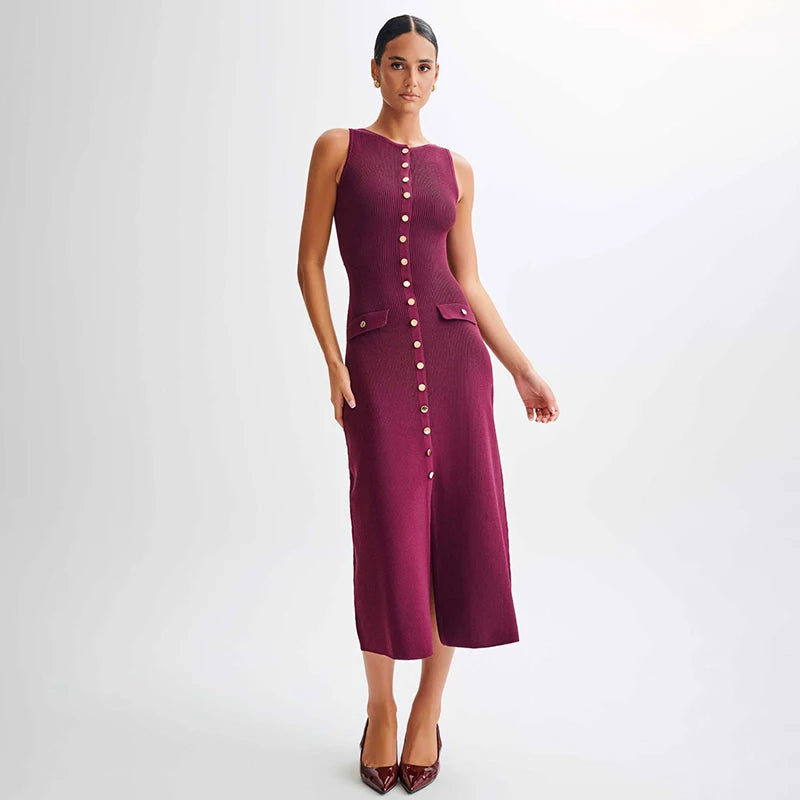 Ribbed Knit Buttoned Dress – Elegant & Sleek Fit