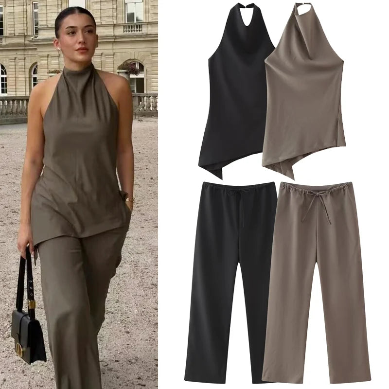 Satin Halter Crop Top & High-Waist Trousers Set – Luxe Elegance - Viva Bella
