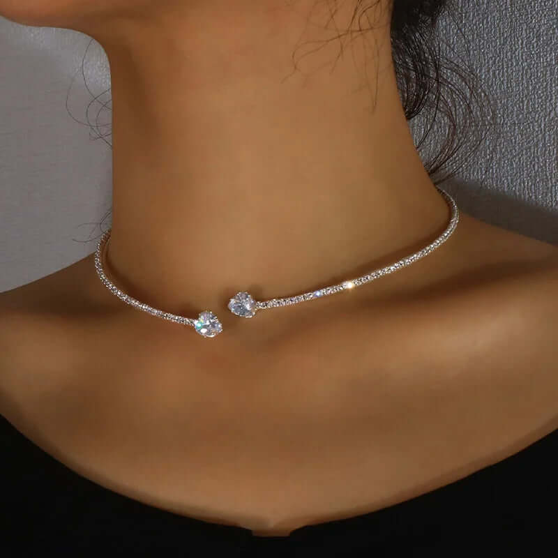 Rhinestone Heart Choker – Elegant Open Collar Necklace - Viva Bella