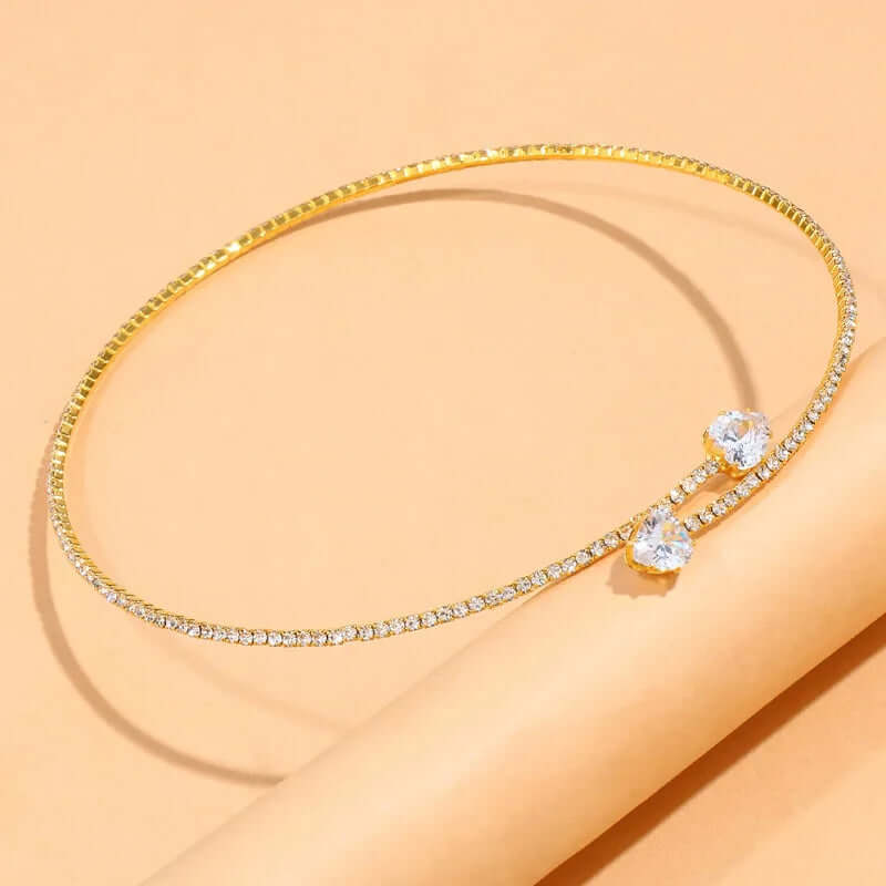 Rhinestone Heart Choker – Elegant Open Collar Necklace - Viva Bella