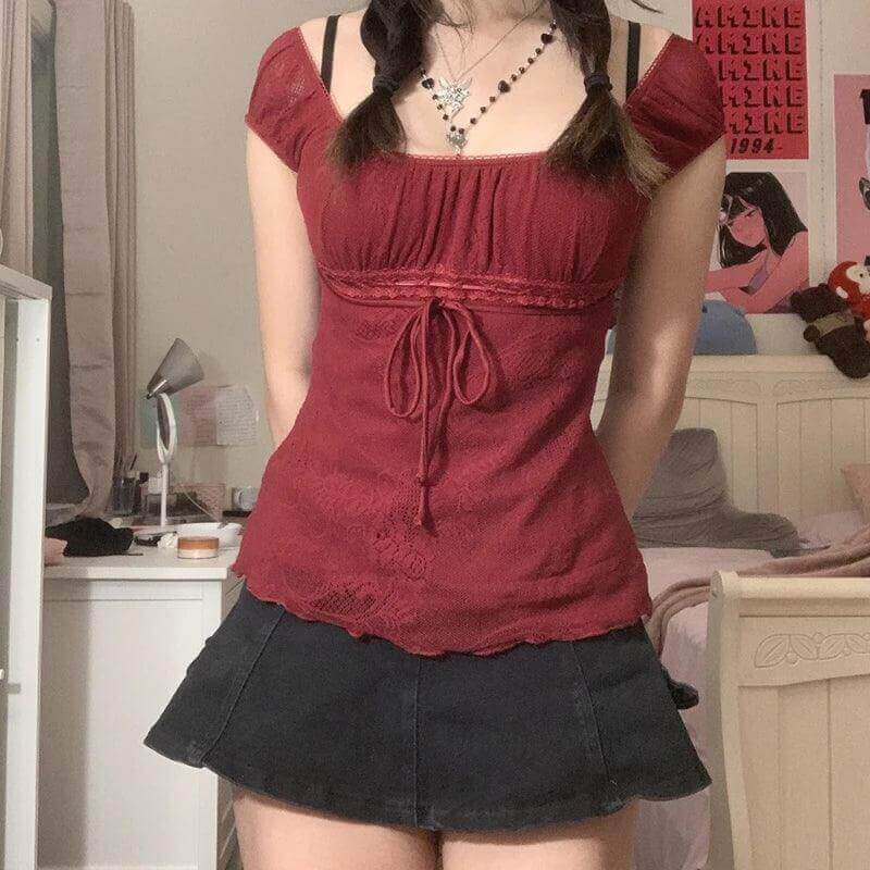 Square Collar Bow Crop Top - Vintage Y2K Grunge Style - Viva Bella