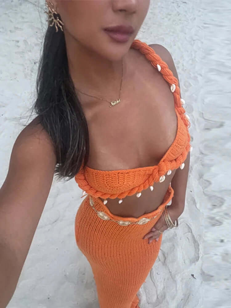 Twisted Knit Beach Set – High Waist Skirt & Shell Bra - Viva Bella