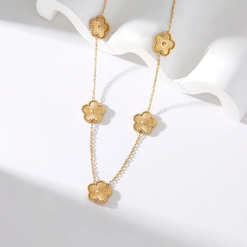 Stainless Steel White 5 Flowers Necklace - Viva Bella