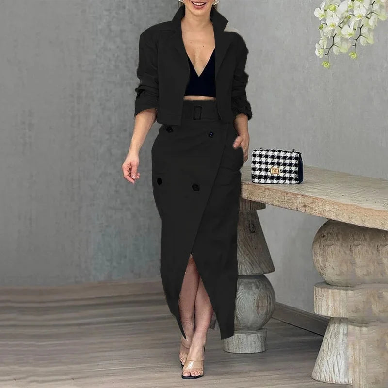 Casual Cargo Temperament Button Belt Dress Set Women Stand Collar Short Jacket Tops and High-waisted Slit Skirt Office Two-Piece