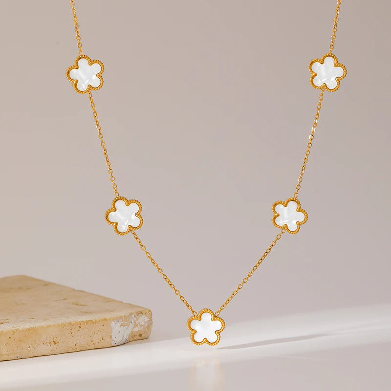 Stainless Steel White 5 Flowers Necklace - Viva Bella
