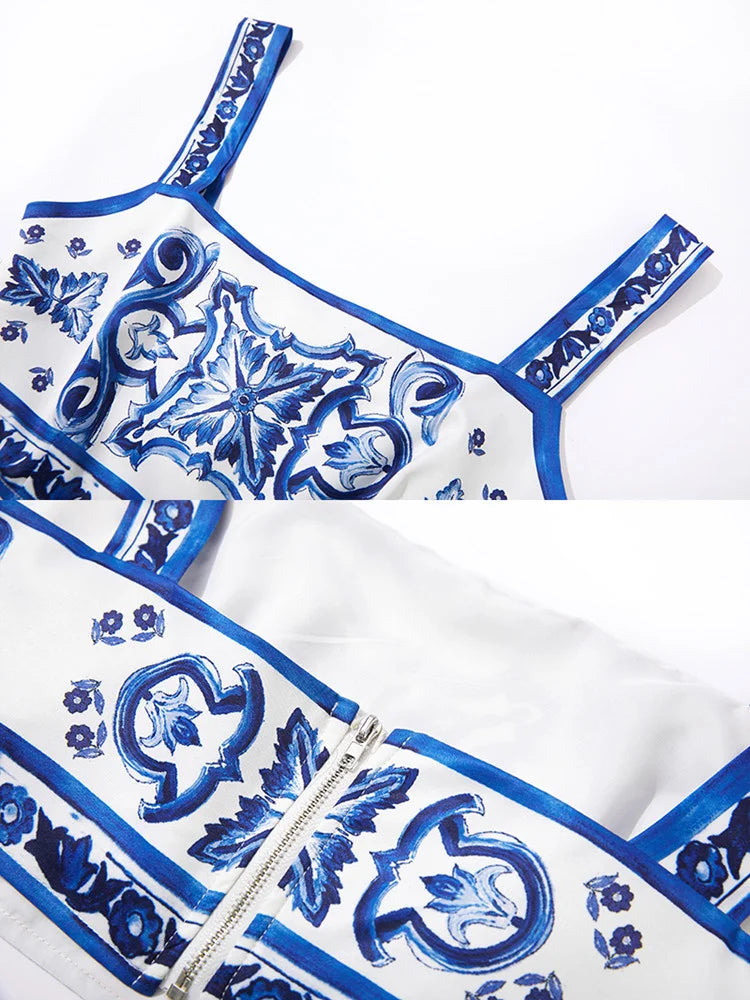Porcelain Print Summer Set – Crop Top + Maxi Skirt