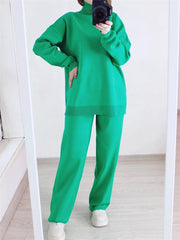 Autumn Winter 2 Pieces Women Sets Knitted Tracksuit Turtleneck Sweater and Straight Jogging Pants Suits - Viva Bella