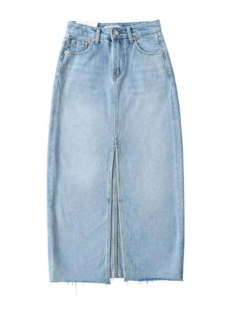 Front Slit Denim Maxi Skirt – Chic & Timeless Style - Viva Bella