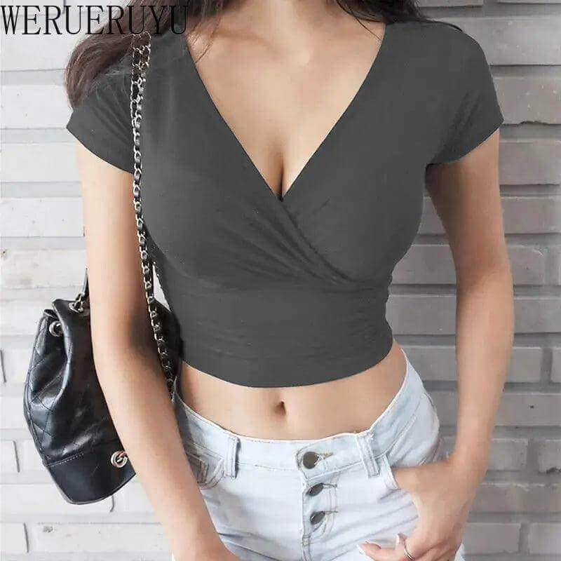 Sexy V-Neck Crop Top - Y2K Streetwear Corset Tee - Viva Bella