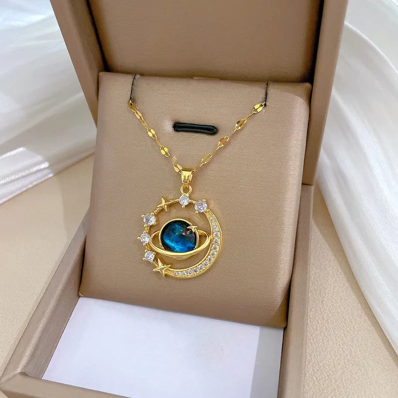 Inlaid Zircon Planet Moon Necklace - Viva Bella