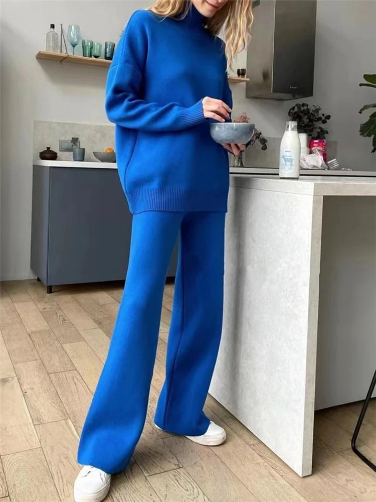 Autumn Winter 2 Pieces Women Sets Knitted Tracksuit Turtleneck Sweater and Straight Jogging Pants Suits - Viva Bella