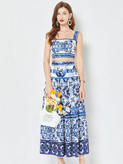 Porcelain Print Summer Set – Crop Top + Maxi Skirt