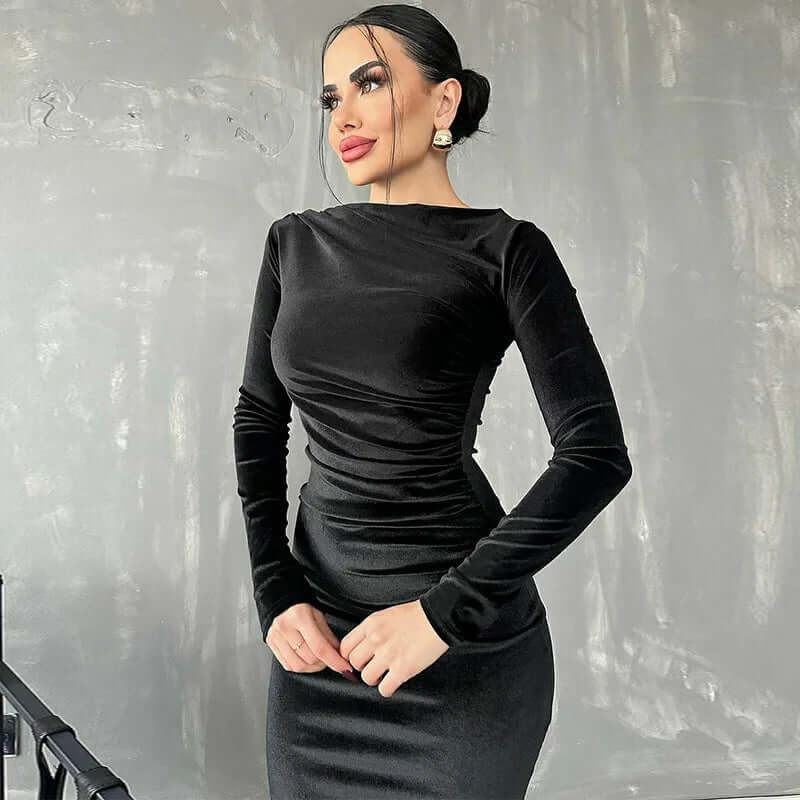 Velvet Midi Dress – Ruched Elegant Evening Wear - Viva Bella
