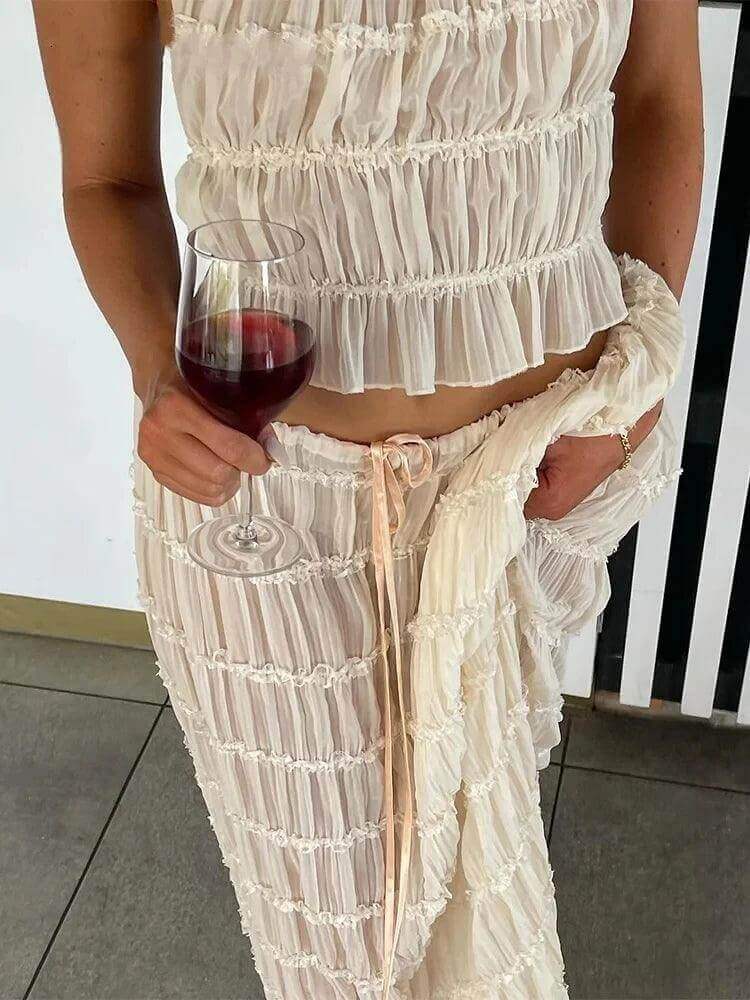 Backless Ruched Beach Set – Halter Top & Long Skirt Two-Piece Outfit - Viva Bella