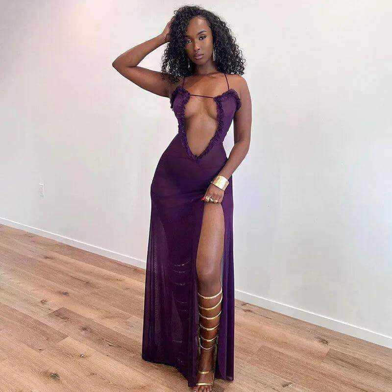 Luxury Furry Halter Dress – Split Evening Gown for Special Occasions - Viva Bella