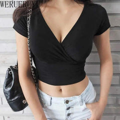 Sexy V-Neck Crop Top - Y2K Streetwear Corset Tee - Viva Bella