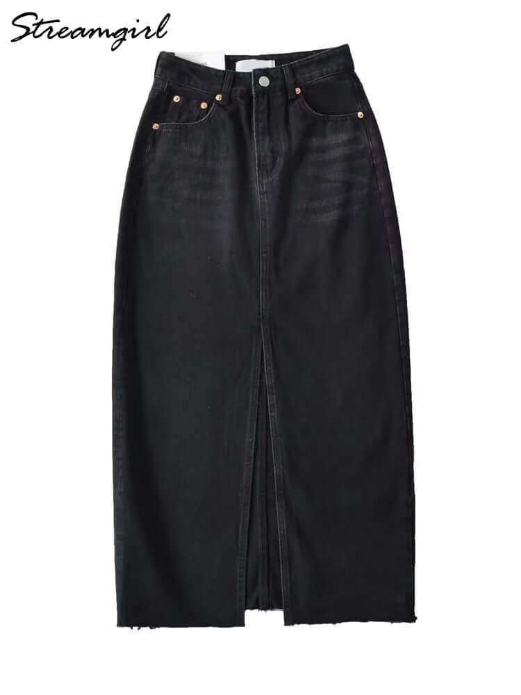 Front Slit Denim Maxi Skirt – Chic & Timeless Style - Viva Bella