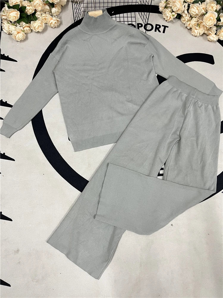 Autumn Winter 2 Pieces Women Sets Knitted Tracksuit Turtleneck Sweater and Straight Jogging Pants Suits - Viva Bella