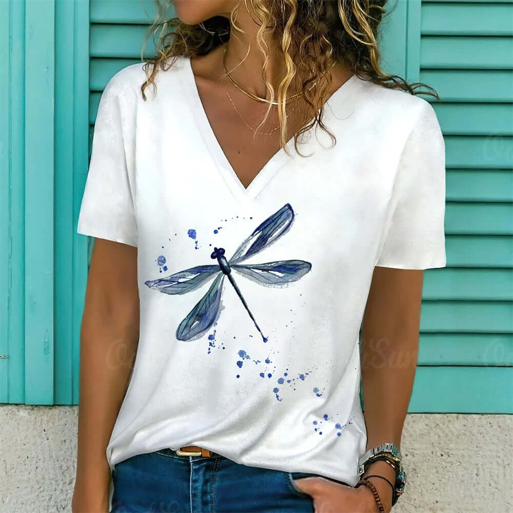 Women V-neck 3d Dragonfly Print T Shirt - Viva Bella
