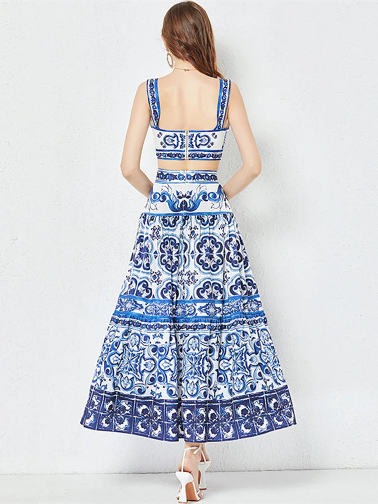 Porcelain Print Summer Set – Crop Top + Maxi Skirt