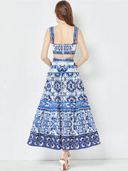 Porcelain Print Summer Set – Crop Top + Maxi Skirt