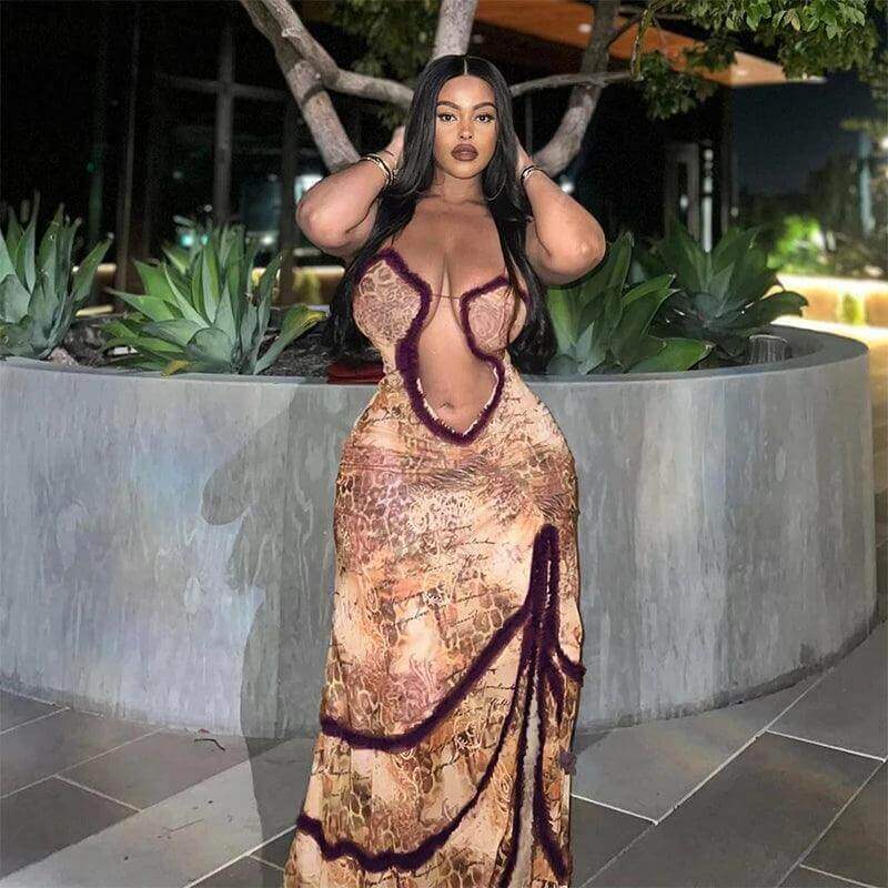 Luxury Furry Halter Dress – Split Evening Gown for Special Occasions - Viva Bella