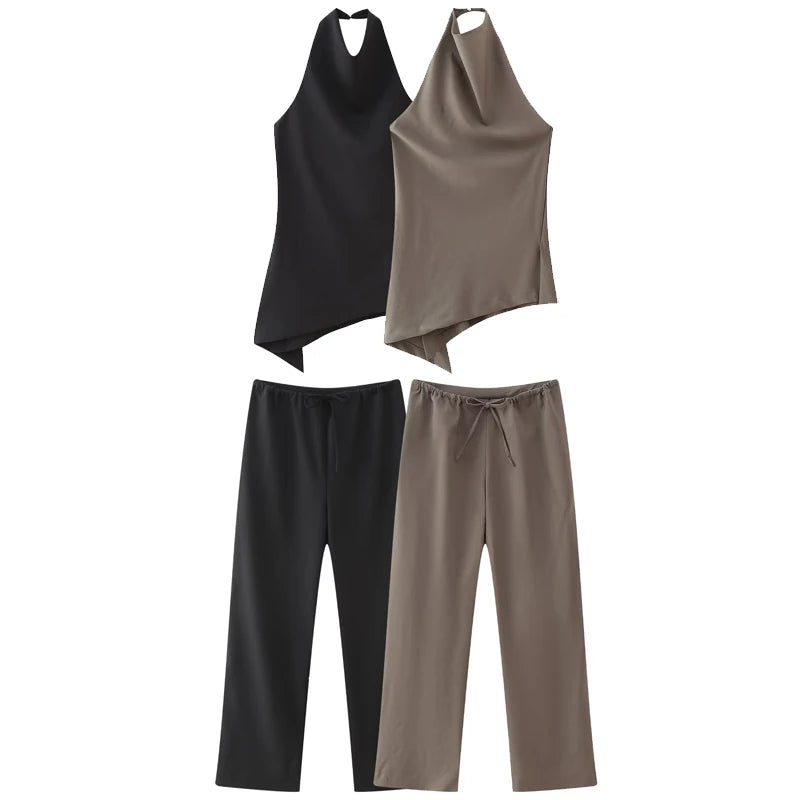 Satin Halter Crop Top & High-Waist Trousers Set – Luxe Elegance - Viva Bella