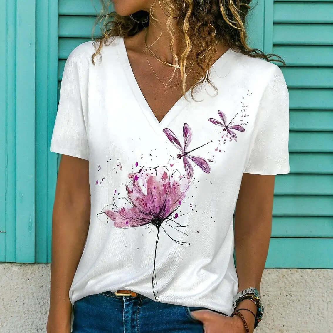 Women V-neck 3d Dragonfly Print T Shirt - Viva Bella