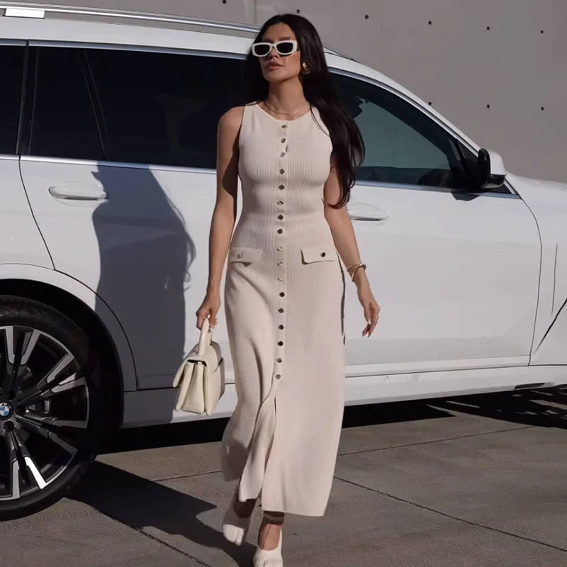Ribbed Knit Buttoned Dress – Elegant & Sleek Fit