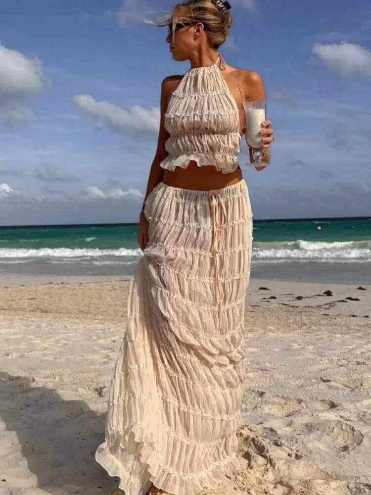 Backless Ruched Beach Set – Halter Top & Long Skirt Two-Piece Outfit - Viva Bella