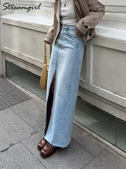 Front Slit Denim Maxi Skirt – Chic & Timeless Style - Viva Bella