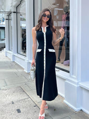 Ribbed Knit Buttoned Dress – Elegant & Sleek Fit