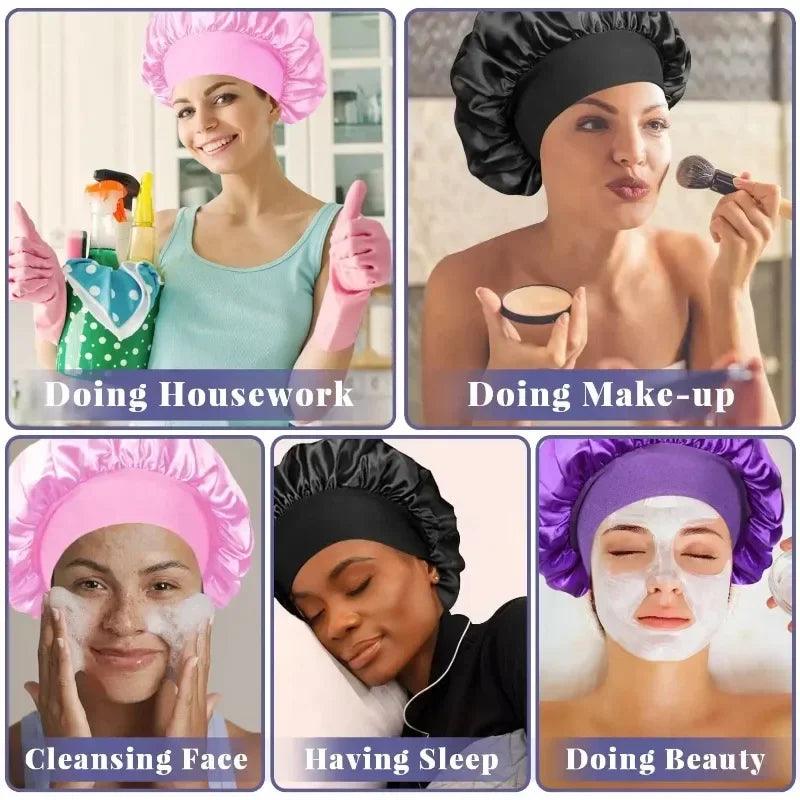 1pcs Soft Silk Satin Lined Bonnet Large Satin Hair Bonnet Household Sleep Shower Cap Hair Wrap Cover for Long Hair Salon Tool - Viva Bella