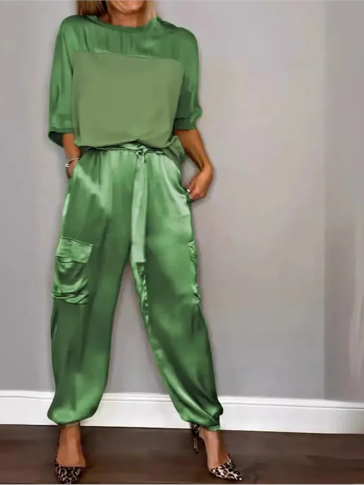 Satin Long-Sleeve Top & Matching Wide-Leg Pants – Timeless Luxe - Viva Bella