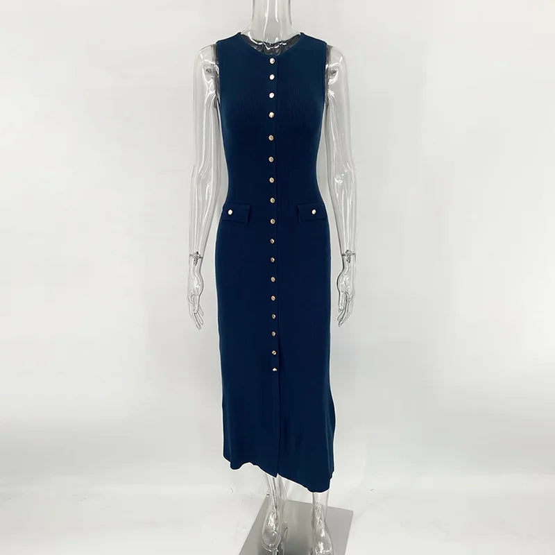 Ribbed Knit Buttoned Dress – Elegant & Sleek Fit