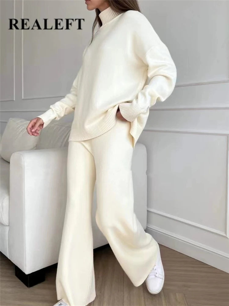 Autumn Winter 2 Pieces Women Sets Knitted Tracksuit Turtleneck Sweater and Straight Jogging Pants Suits - Viva Bella