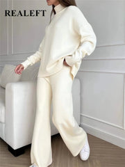 Autumn Winter 2 Pieces Women Sets Knitted Tracksuit Turtleneck Sweater and Straight Jogging Pants Suits - Viva Bella